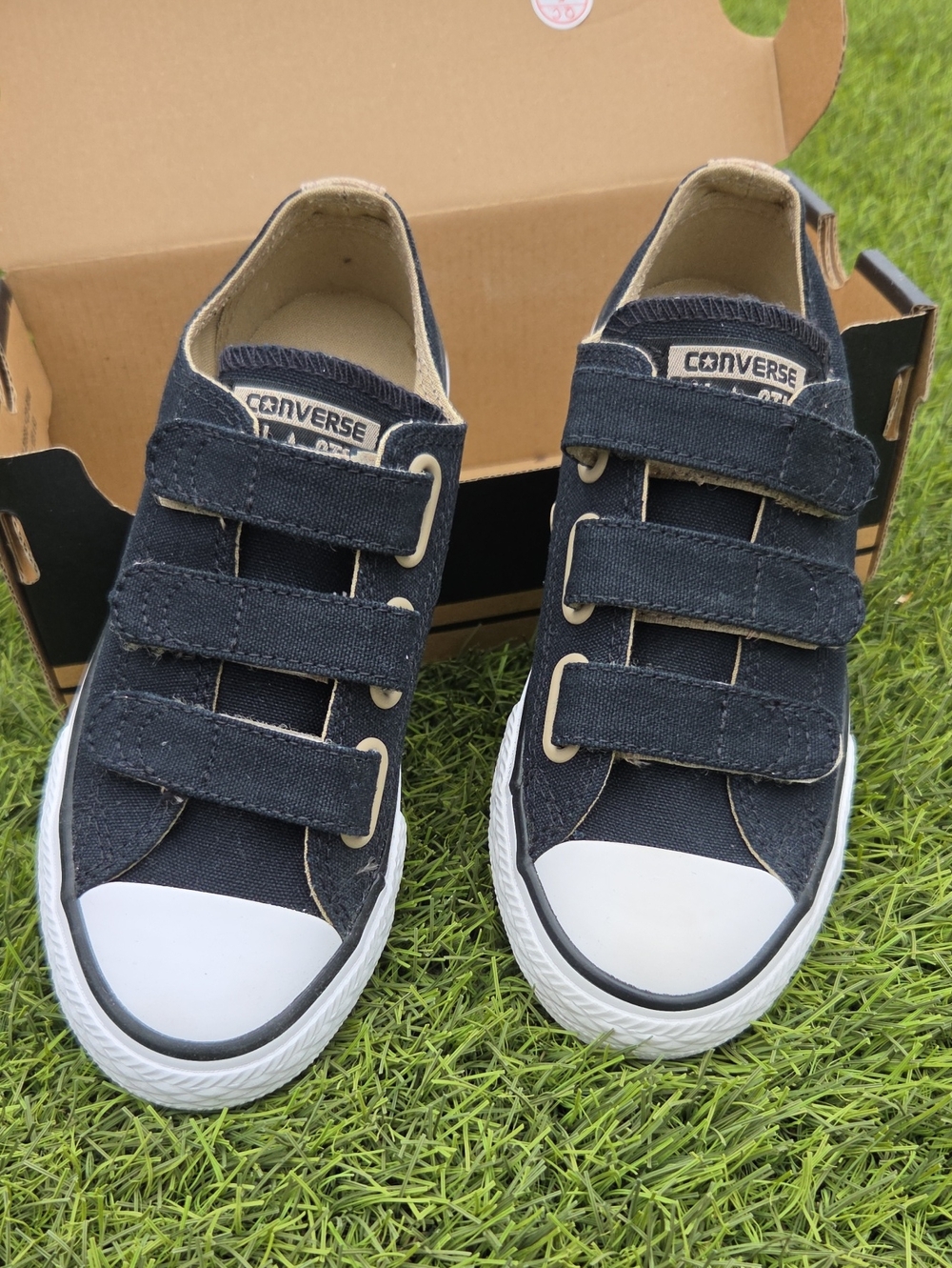 Converse Kids Black Canvas Velcro Sneakers with White Toe